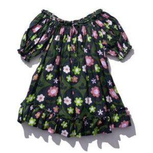 INNIKA CHOO forest green retro floret printed linen ruffled heirloom mini dress
